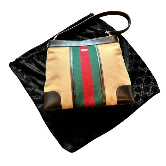 Gucci Handbags - Gucci Vintage Sherry Web Classic Leather & Tan Canvas Tote